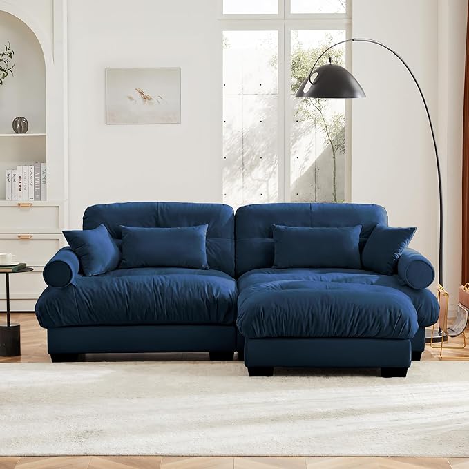 KEIKI 94" L-Shaped Oversized Velvet Modular Sectional Loveseat Sofa with 1 Ottoman, High-Density Foam Cushion, Bolstered Armrest, Upholstered 2-Seater Cloud Couch with 4 Pillow, for Living Room, Blue