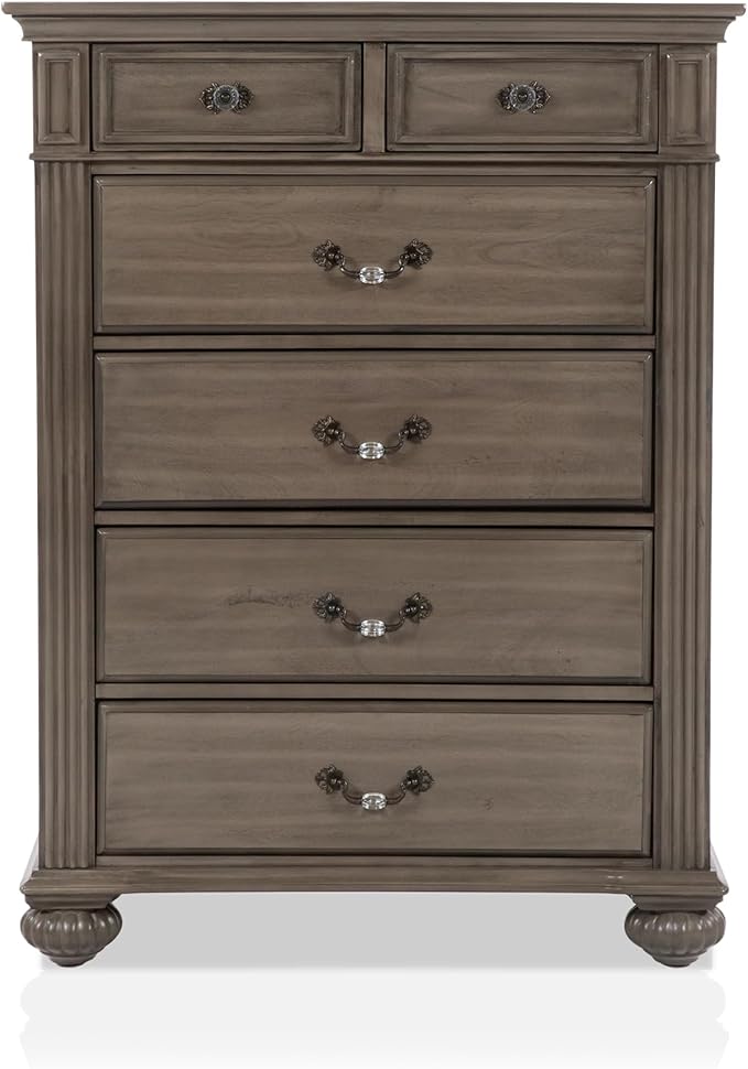 Furniture of America Malierd Traditional Wood 6-Piece Set, Panel King-Size Bed, 3-Drawer Nightstands, Chest, Dresser and Mirror for Bedroom, Gray