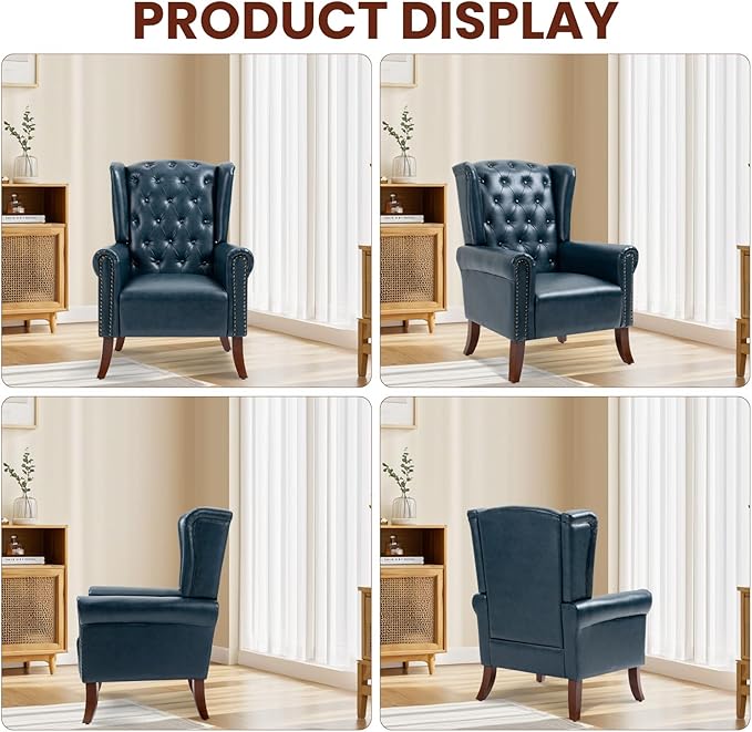 Faux Leather Accent Chair, Mid-Century Armchair Upholstered Club Sofa Chair with Wooden Legs, High Back Living Room Chair for Bedroom, Office, Lounge (Blue)