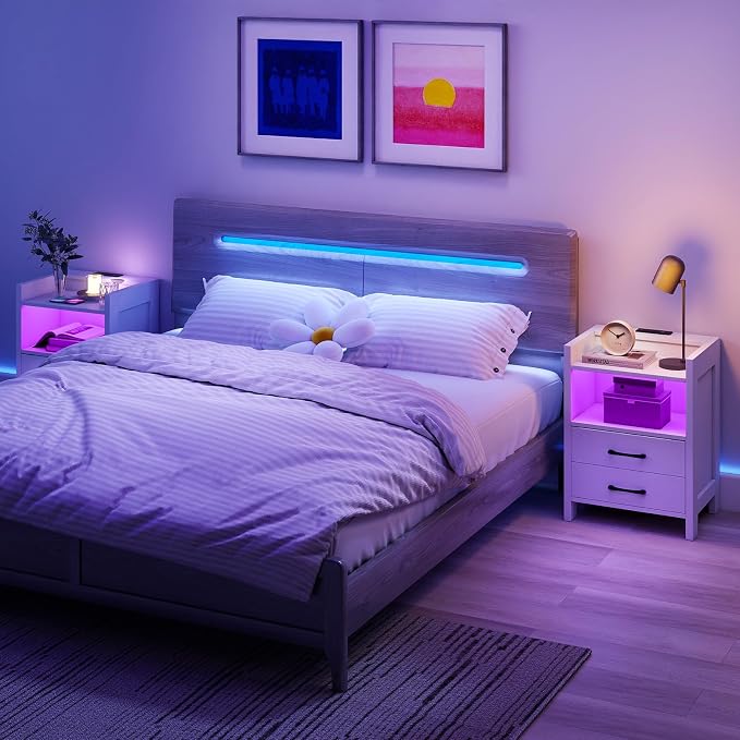 KOMFOTT Nightstand with LED Lights & Charging Station, 23.5” Smart Bedside Table with 2 Drawers & Open Storage Shelf, USB Port & Outlets, Modern End Side Table for Bedroom, White - Image 9