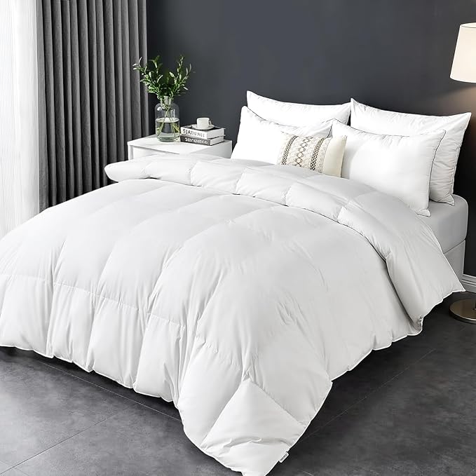 Goose Feather Comforter King Size, 100% Cotton Duvet Insert All Season, Bed Comforter Quilted with 8 Corner Tabs Hotel Luxury Fluffy Duvet Insert, 106 x 90 Inch, Machine Washable, White