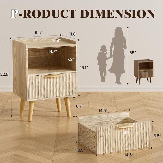 Apicizon Modern Nightstand with Storage Drawer and Open Wood Shelf, Fluted Night Stand with Solid Wood Legs, Bedside Table for Bedroom,Small Spaces, Easy Assembly, Natural - Image 2