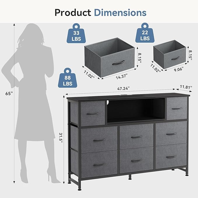 Simple Deluxe TV Stand Dresser with 8 Fabric Drawers and Open Shelves, Entertainment Center with LED Lights & Charging Station, Wood Top for 45" -55" TV, for Bedroom/Living Room/Hallway, Grey