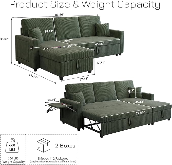 Rovibek 83" Convertible Sofa Bed Couch with Storage & USB Port – 4 in 1 L Shaped Sofa with Pull Out Couch Bed, Side Table, Cup Holder for Living Room, Apartment, Office, Small Spaces, Green
