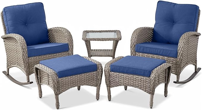 Belord 5 Piece Patio Rocking Chairs Furniture Set - Outdoor Wicker Furniture with Ottomans and Side Table, Rattan Conversation Bistro Set for Porch Deck Balcony