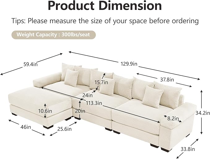 KEIKI 130" L-Shaped Oversized Corduroy Modular Cloud Sectional Sofa with 1 Ottoman, High-Density Foam Cushion, Extra-Thick Armrest, 3-Seater Fluffy Corner Couch with 9 Pillow, for Living Room, Beige