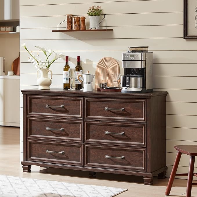 SAVOR LIFE Farmhouse Espresso 6 Drawer Dresser for Bedroom, 54 inch Wide Vintage Large Chest of Drawers with Wood Legs, Rustic TV Console for Living Room, Walnut Wooden Storage Closet Dressers - Image 9