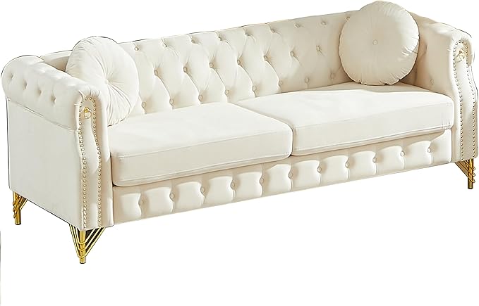 ERYE 82-Inch Button Tufted Sofa Couch with 2 Round Pillows, 3 Seat Velvet Tufted Sofa Spacious Chesterfield Loveseat Couches W/Nailhead Decor,Ring Accent & Golden Legs