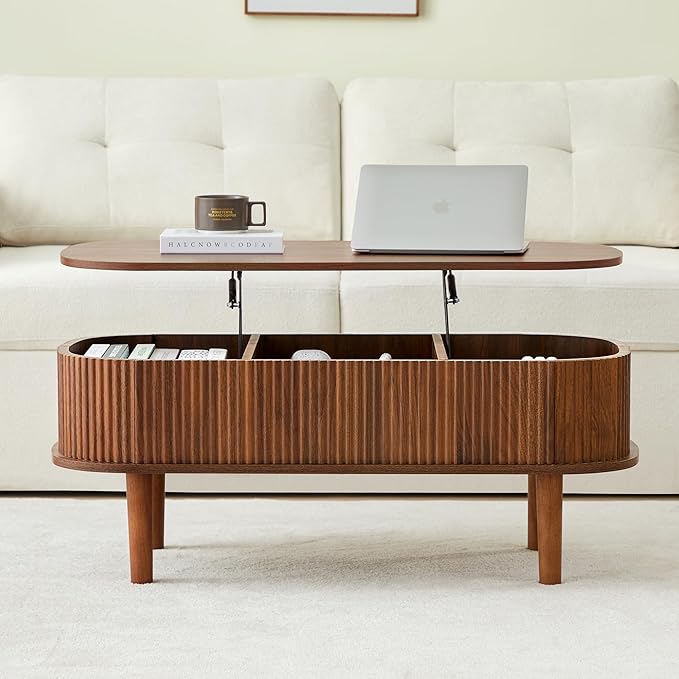 Fluted Lift Top Coffee Table with Hidden Compartment, Fully Assembled Wooden Center Table, Modern Oval Lift Tabletop for Home Living Room Office, Walnut