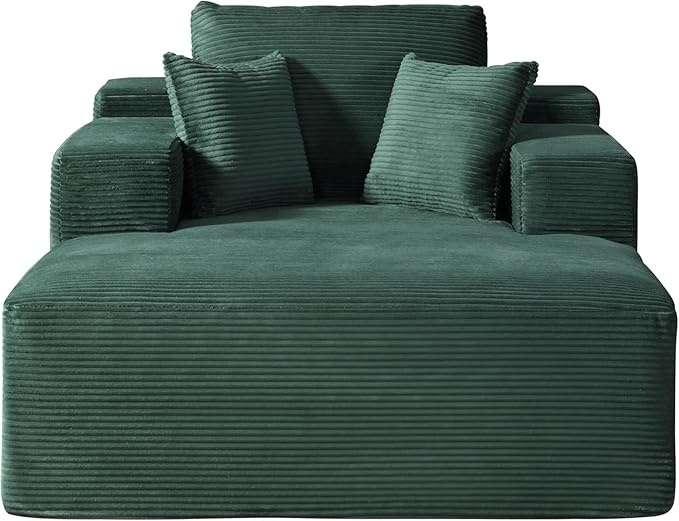 Monroe Convertible Chaise Lounge Chair Indoor – Oversized Corduroy Couch with Wide Armrest & Throw Pillows, Cozy Boneless Sleeper Sofa Bed Armchair, Dark Green