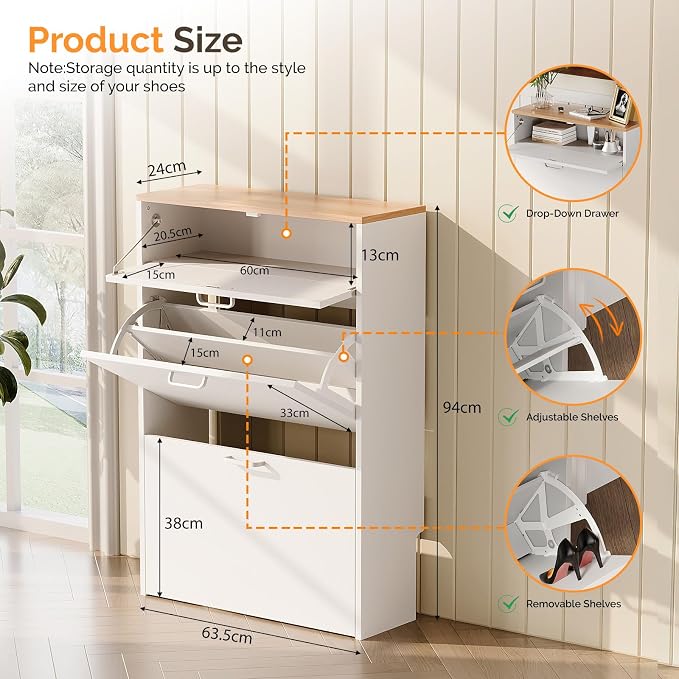 VINGLI Set of 2 Shoe Cabinet Storage for Entryway, Ultra Slim Shoe Organizer with 2 Flip & 1 Drop-Down Drawers, 2-Pack Narrow Shoe Cabinet 24.8" W for Front Door, Freestanding Modern White Shoes Rack - Image 2