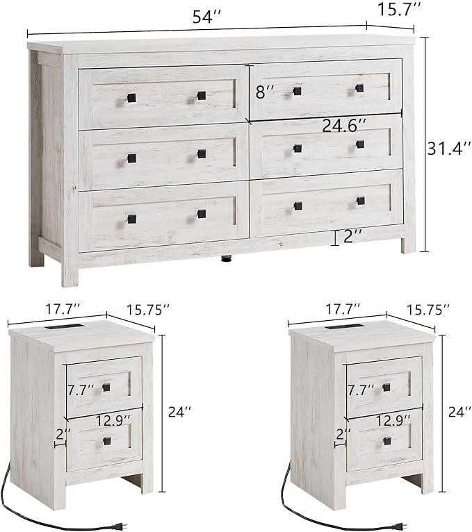 LUXOAK Bedroom Dresser and Nightstand 3 Piece Set, 1 X Wood Rustic 6 Drawer Storage Dresser, 2 X Farmhouse Nightstand with Charging Station, Farmhouse Bedroom Furniture Set, Rustic White