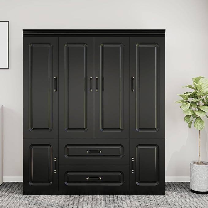 GraceGrove Armoire Wardrobe Closet with 4 Doors and 2 Hanging Rods, Armoire Wardrobe Closet Cabinet with 2 Drawers, Wood Closet Storage Wardrobe, Tall Armoires and Wardrobes Cabinet Black