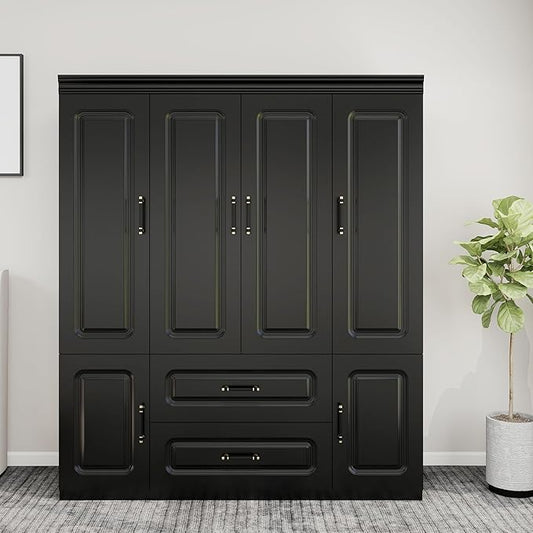 GraceGrove Armoire Wardrobe Closet with 4 Doors and 2 Hanging Rods, Armoire Wardrobe Closet Cabinet with 2 Drawers, Wood Closet Storage Wardrobe, Tall Armoires and Wardrobes Cabinet Black
