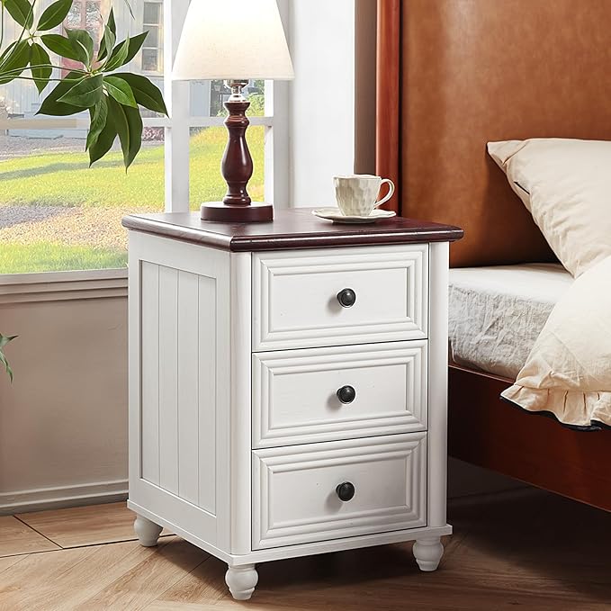 RWYHG 18" Farmhouse Night Stand, White Wood Nightstand with 3 Drawers, Bedside End Table with Storage and Roman Column, Bed Side Tables Cabinet for Bedroom, Living Room, and Closet - Image 3