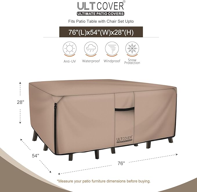 ULTCOVER Rectangular Patio Heavy Duty Table Cover - 600D Tough Canvas Waterproof Outdoor Dining Table and Chairs General Purpose Furniture Cover Size 76L x 54W x 28H inch - Image 2