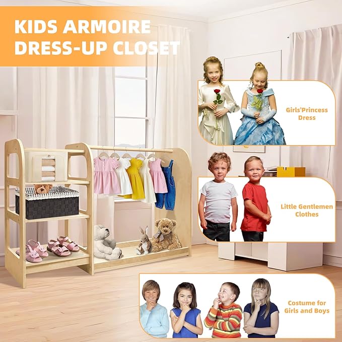homegroove Kids Dress Up Storage with Mirror, 31.5 Inch Kids Wardrobe Closet with Storage Shelf for Little Girls and Boys, Wooden Costume Organizer for Bedroom Classroom Playroom Furniture