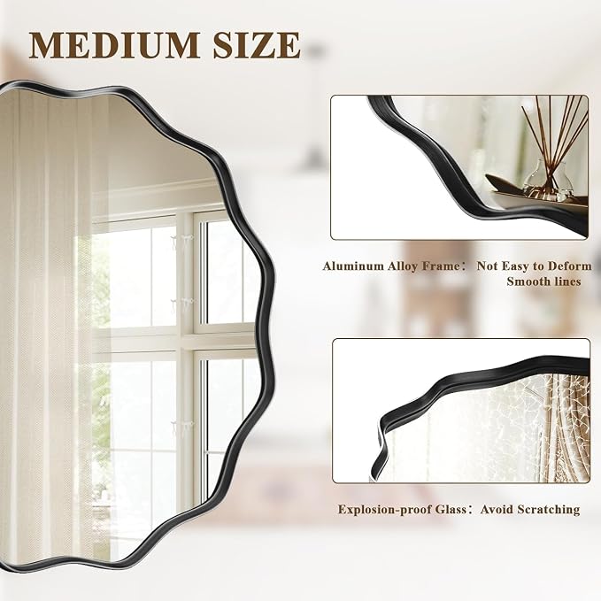 VooBang Black Scalloped Circle Mirror, 36" Wavy Edge Round Wall Mirror with Tempered Glass Textured Circular Metal Deep Frame, Hanging Leaning for Bathroom, Hallway, Entryway, Livng Room - Image 3