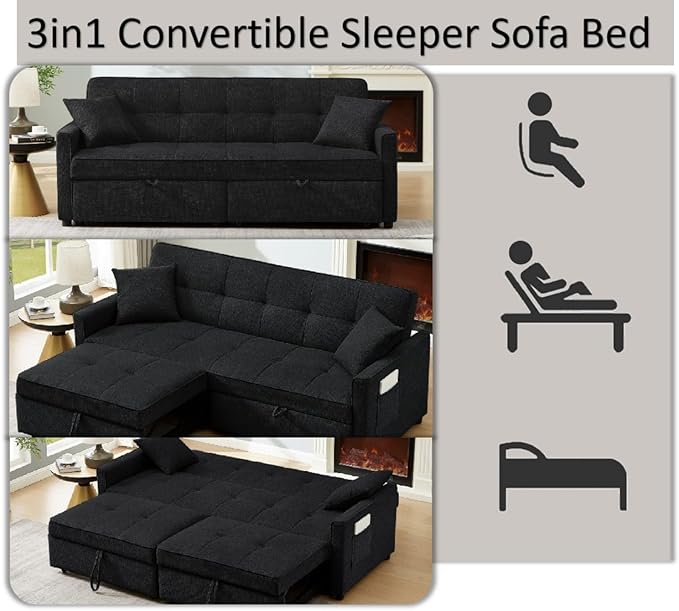82" 3 in 1 Convertible Sleeper Sofa Bed, Modern Fabric Pull Out Couch, Loveseat Sofa with Pillows & Pockets, Futon Couch Bed Reclining Backrest for Living Room, Bedroom, Apartment, Black