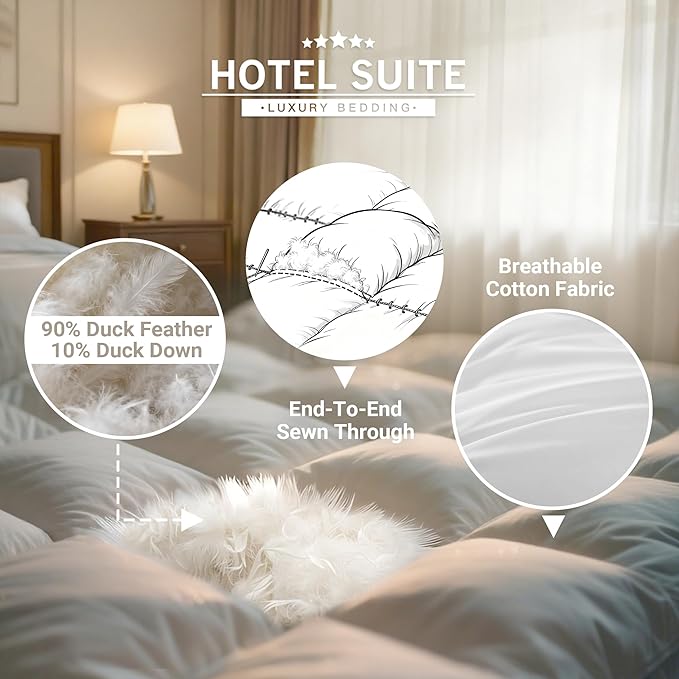 Hotel Suite Luxurious Feather and Down Comforter Duvet Insert King Size, 100% Cotton Cover, Hotel Collection Quilts, 68 oz Fill Weight, All Season Medium Warmth 104 x 88 Inch White