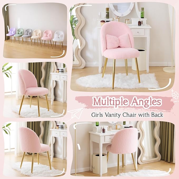 VINGLI Fluffy Girls Vanity Chair with Back & Pillow,Cute Small Cozy Desk Chair No Wheels,Comfy Makeup Ch with Ajustable Gold Legs,for Bedroom,Living Room,Small Space,Pink