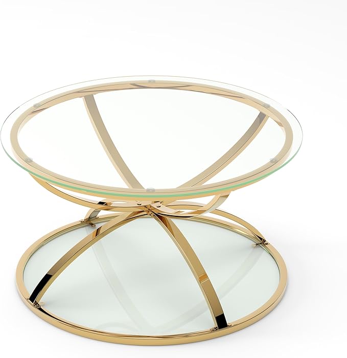 32" Tempered Glass Round Coffee Table Modern Gold Frame Dome Base Two Tiers Circle Living Room Center Tables