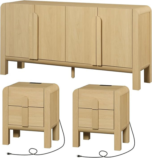 WAMPAT 3 Piece Bedroom Set, Modern 63" Wide Dresser Cabinet and Nightstand Set of 2 with Charging Station,Wood Storage Closet Chest with Curved Profile Handles for Bedroom,Oak
