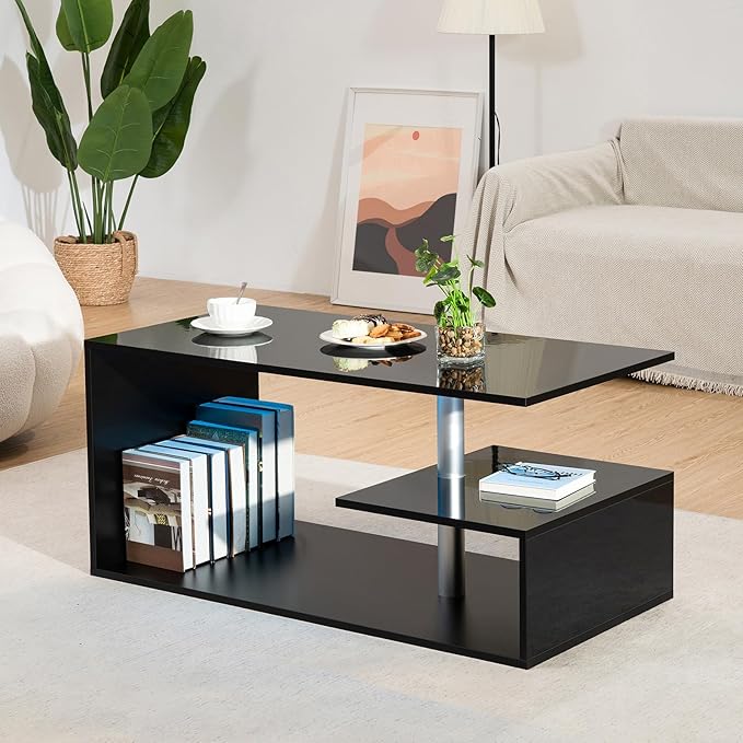 HOMMPA LED Coffee Tables for Living Room Modern Black Coffee Table with S-Shaped 3 Tiers Open Storage Shelf High Gloss Center Sofa Tea Table with LED Lights for Home Office Furniture Black 18" Tall