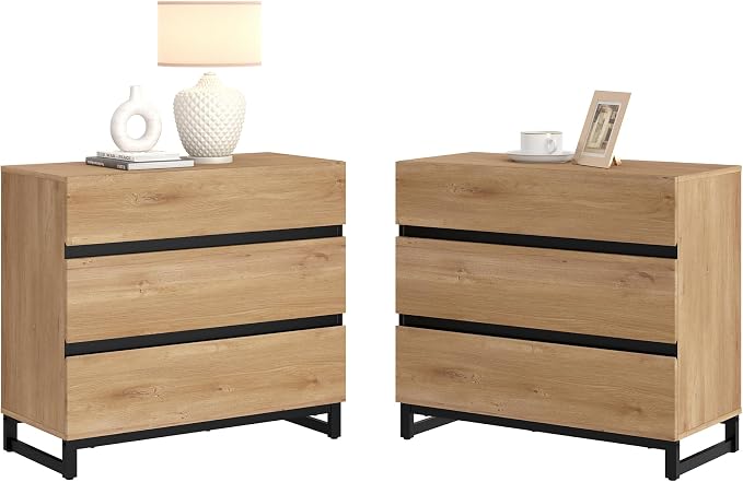 WAMPAT Nightstand with 3 Drawers for Bedroom, Modern Bedside Table with Black Square Metal Leg, Wood Rustic Side End Table, Oak, 2 Pcs by WAMPAT