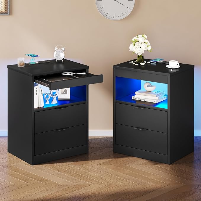Tiptiper Black Nightstand Set of 2, LED Nightstand with Wireless Charging Station, Night Stand with Drawers & Pull-Out Shelf, Modern Bedside Table with Storage, End Table Side Table by Tiptiper