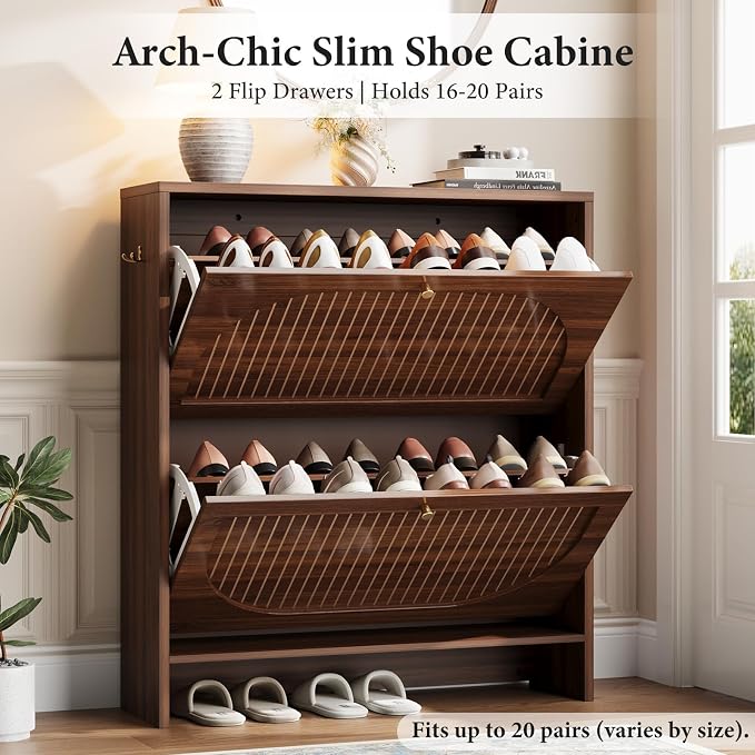 Nicetree Arch-Chic Shoe Cabinet for Entryway, Modern Mid-Century Shoe Storage Cabinet with Fluted, Narrow Shoe Rack with Adjustable Shelves & Tipping Protection, Fits Size 12 Shoes,Luminous Walnut - Image 3