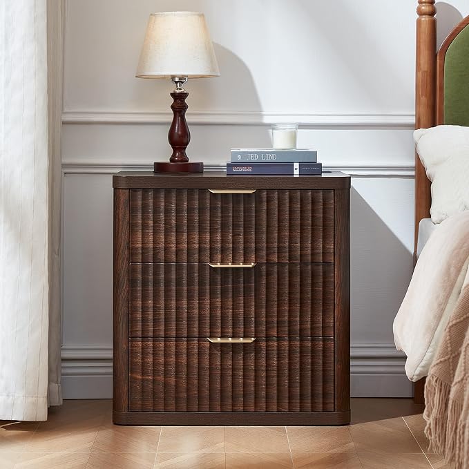 LEYAOYAO Fluted Farmhouse Nightstand Set of 2 with Charging Station, 23" Wide 3 Drawers Night Stand,Walnut Dresser for Bedroom,Bed Side Table Chest of Drawers,Wood End Table for Living Room - Image 4