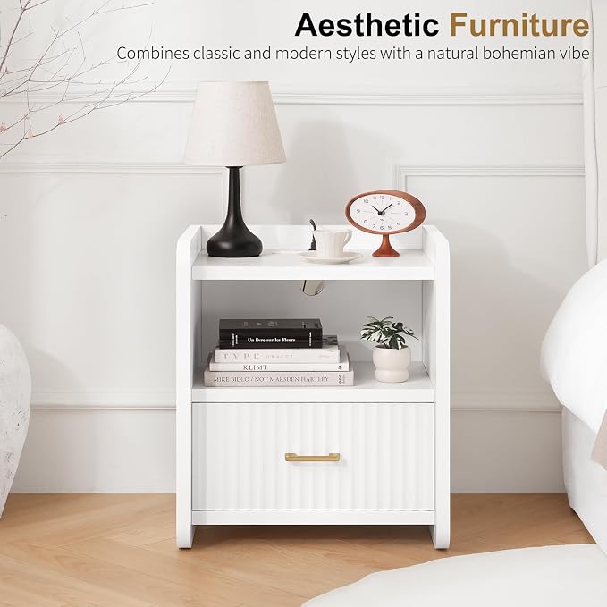 Night Stand with Charger Station, Fluted Wood Nightstand with Drawer Storage, Modern Bedside Table, Wide Nightstands for Bedroom, Mid Century Wooden Night Stands for Home Office Sofa Couch - Image 8