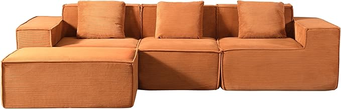 Rowan Convertible Corduroy Sectional Couch with Ottoman & Pillows, Modular L Shaped Sleeper Sofa, Boneless Cloud Couch for Living Room Furniture, Red Orange