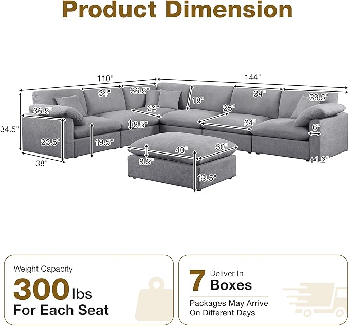 144-Inch Oversized L-Shaped Corner Sectional Cloud Sofa,Modern 7 Seat Modular Cloud Sofa Luxury Convertible Couch with 6 Pillows and Movable Ottoman for Living Room