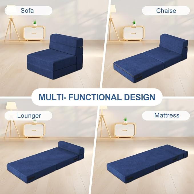 Folding Sofa Bed with Pillow Memory Foam Convertible Sleeper Chair Bed Couch Futon Lazy for Living Room Home Office Guest Beds Apartment Upstairs Loft, Single Size, Dark Blue