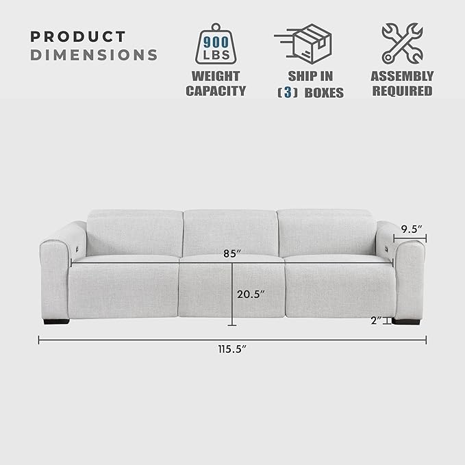 Lexicon Power Reclining Sectional Couches for Living Room-Modular Sectional Sofa, Wall Hugger, 3 Recliner Seats, Power Headrests, Charging Ports, 3 Seater Couch, Chenille Cloud
