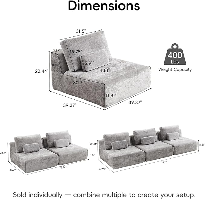 Modular Sectional Sofa, 3-Piece Grey Plush Velvet Couch Loveseat, No-Assembly Compressed Deep-Seat 3-Seat for Living Rooms Apartments Family Spaces