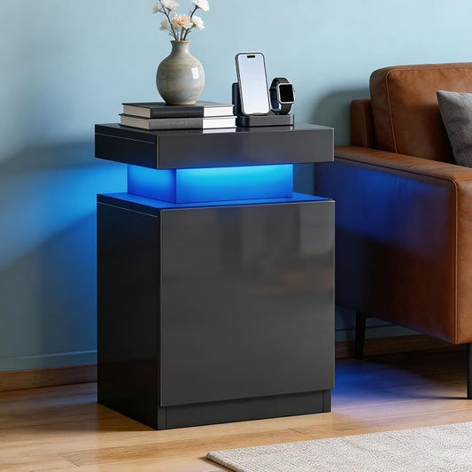 MXV LED Night Stand with Charging Station, Bedside Table with Sliding Top Storage, Modern End Table for Bedroom, Black by Unknown