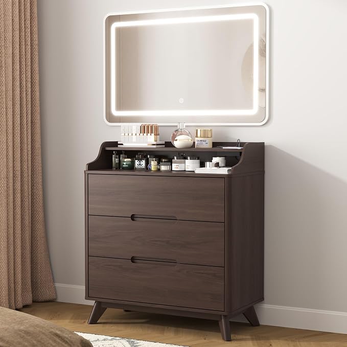 3 Drawer Dressers for Bedroom, 32" Large Wood Dresser w/Charging Station, Open Shelf Top, Pre-Installed Slides, Wide Modern Dressers with 3 Drawer Storage Organizer for Bedroom Living Room, Brown - Image 8