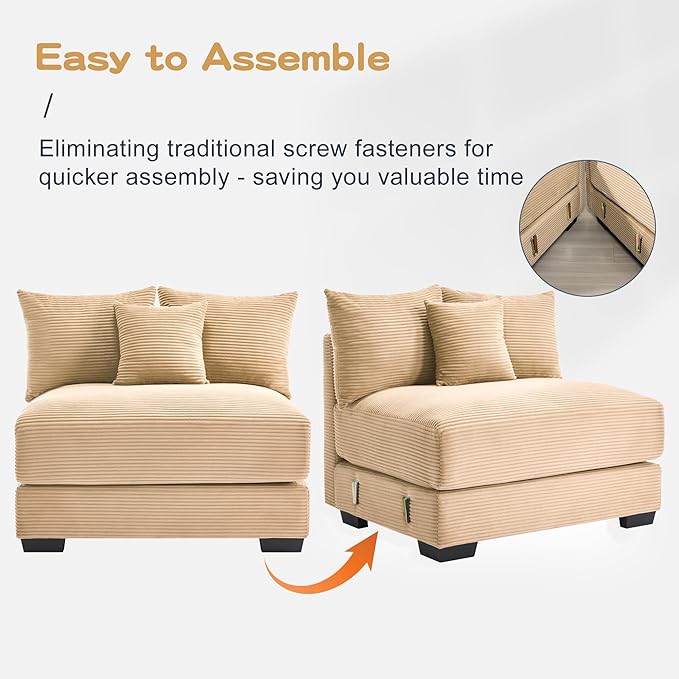 KEIKI 138" U-Shaped Oversized Corduroy Modular Cloud Sectional Sofa with 1 Ottoman, High-Density Foam Cushion, Extra-Thick Armrest, 6-Seater Fluffy Corner Couch with 20 Pillow, for Living Room, Camel