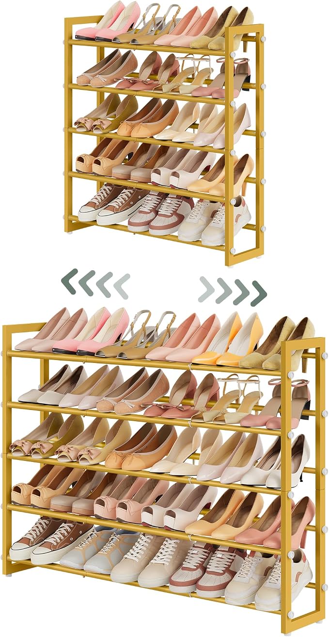 FAVOOSTY 3-Tier Expandable Shoe Rack, Adjustable Shoe Shelf Storage Organizer Space Saving Metal Free Standing Shoe Rack for Entryway Closet Doorway, Silver Grey (Gold, 5 Tier) by FAVOOSTY