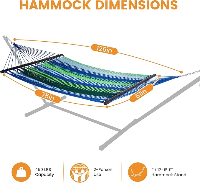 Lazy Daze Hammocks 10.5 FT Double 2 Person Caribbean Rope Hammock, Hand Woven Polyester Hammock with Spreader Bars, for Outside Outdoor Backyard Patio Poolside, 450 LBS Capacity, Blue/Green - Image 6