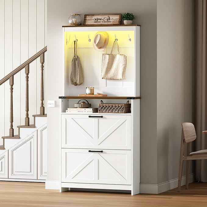 Farmhouse Shoe Cabinet with Coat Rack, Tall Shoe Cabinet with 2 Flip Drawers, Narrow Hidden Shoe Storage Cabinet, 2 in 1 Hall Tree Slim Freestanding Shoe Rack Organizer for Entryway, LED Light, White - Image 4