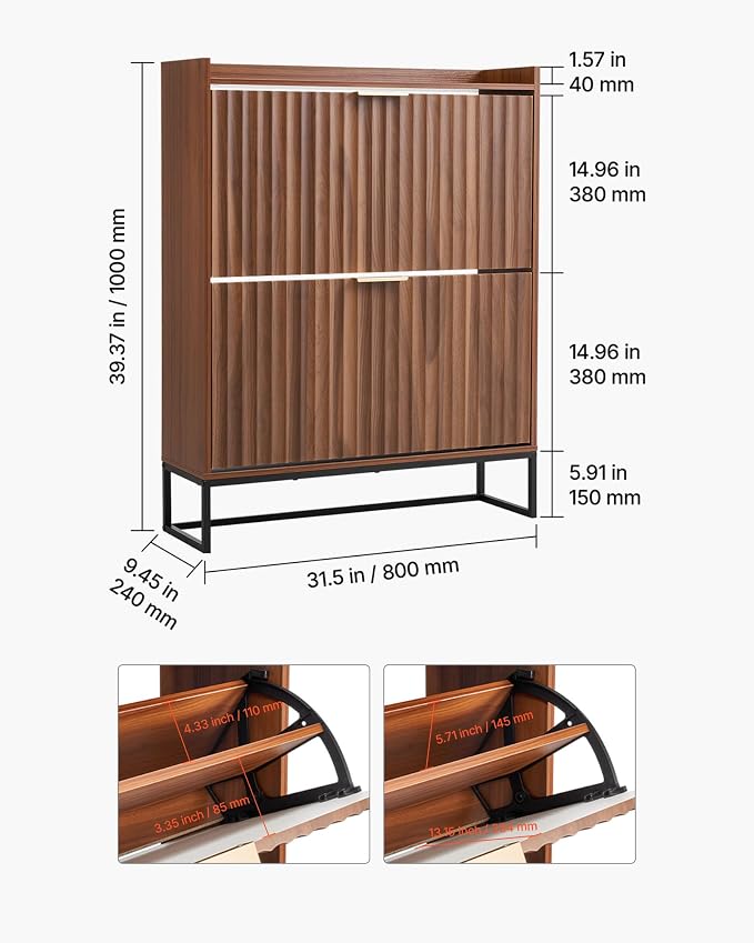 VEVOR Shoe Cabinet with 2 Flip Drawers, Mid-Century Shoes Storage Cabinet with Anti-Tipping Device, Freestanding Fluted Shoe Organizer, Ideal for Entrance, Hallway, Bedroom, Living Room, Walnut - Image 3