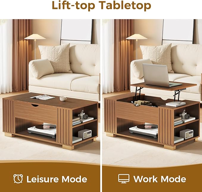 COMHOMA Lift Top Coffee Table for Living Room, 39" Center Table with Hidden Storage Compartment, Adjustable Wooden Tea Table for Small Spaces, Dark Brown