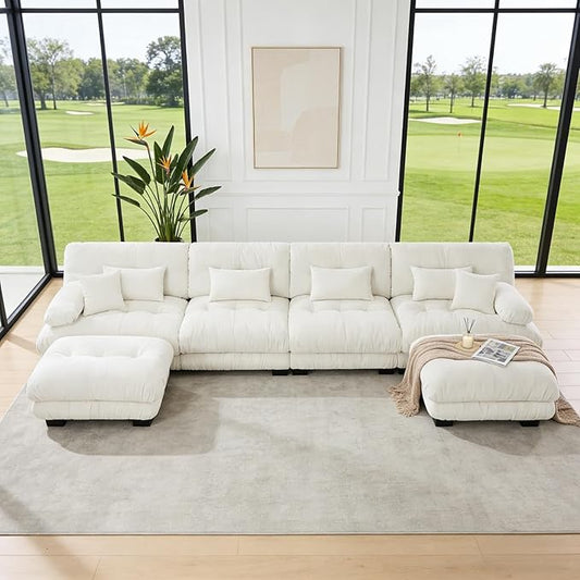 173.2" U-Shaped Cloud Couch, Oversized Modular Sectional Sofa, Deep Seat Cloud Boneless Couch, 4-Seat Modular Sectional Sofa with 2 Ottoman or Living Room,Bedroom and Apartment, White
