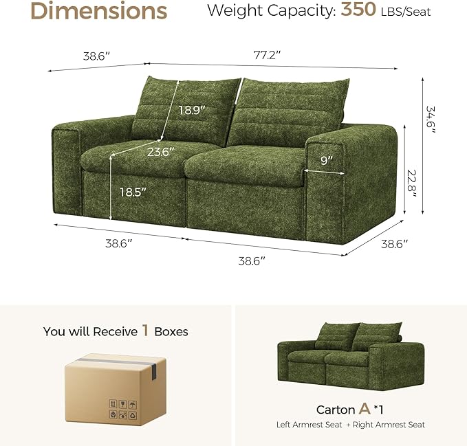 77" Cloud Loveseat Sofa, Deep Seat Couch with Pillows, Modern Comfortable Upholstery Boneless Sofa, 1 piece for Living Room, Bedroom, Apartment, Removable Cover，No Assembly Required, Algae Green