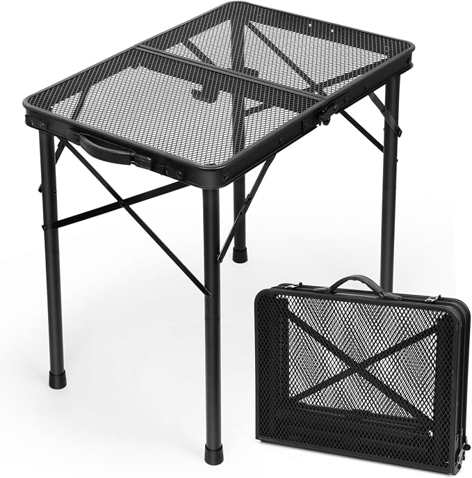2Ft Small Folding Table with Carry Handle, Camping Table Adjustable Height 10.6–22 in, Black Metal Mesh, Portable & Compact for Outdoor/Indoor,Grill Table, 23.6×15.8 in, 4 lb, 66 lb Capacity by EEASTSTORM
