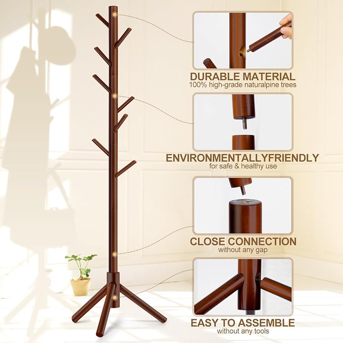 Solid Wooden Coat Rack Freestanding, New Zealand Pine Coat Tree with 8 Hooks & 3 Adjustable Sizes for Coats, Hats, Handbags and Scarves, Space Saving for Entryway/Office/Bedroom (Brown) - Image 2